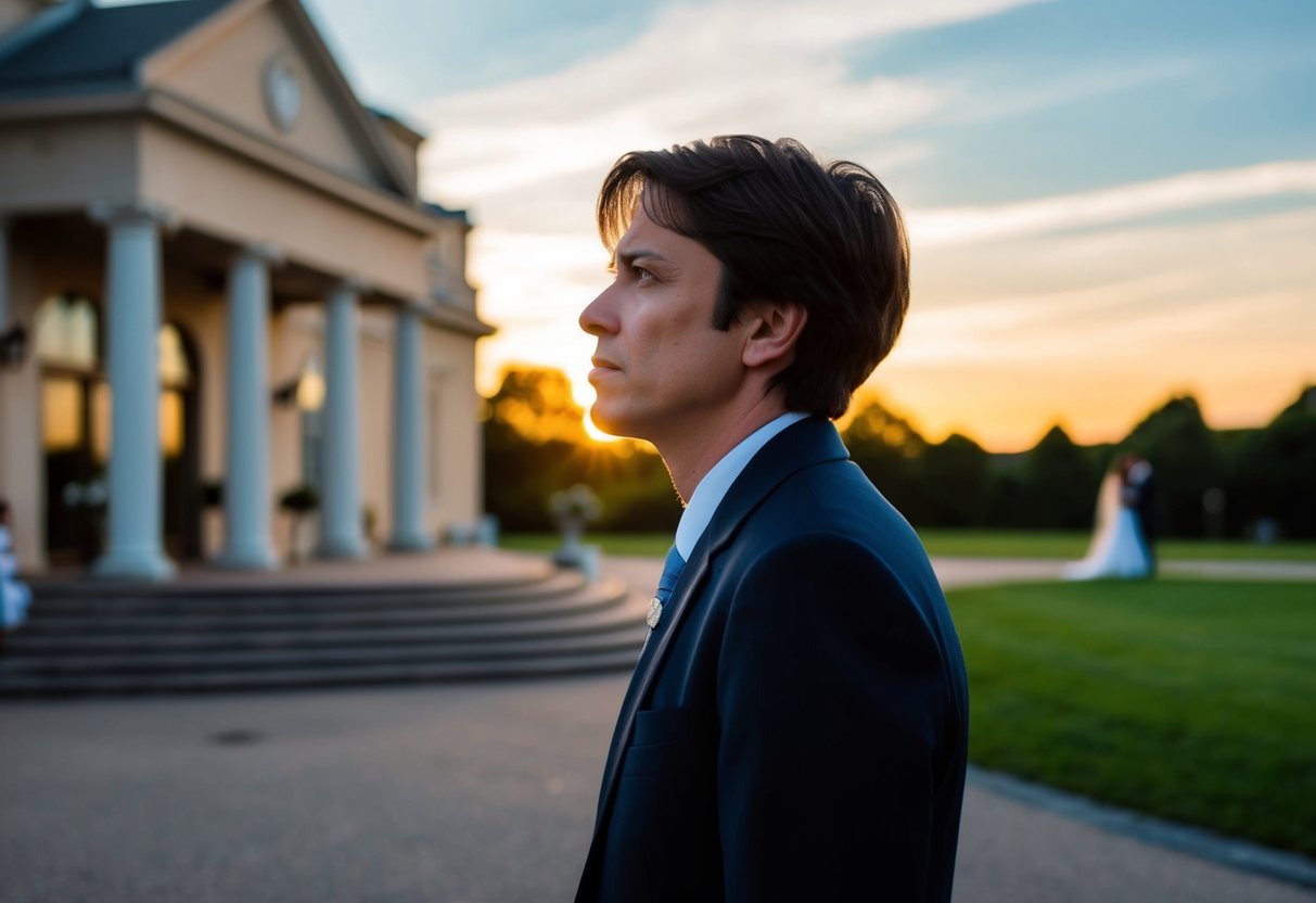 A person standing alone outside a grand wedding venue, looking hesitant and conflicted. The sun is setting, casting a warm glow on the scene