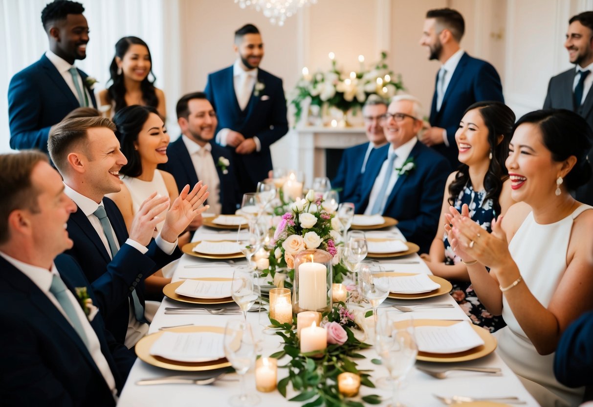 A table set with elegant place settings, adorned with flowers and candles, surrounded by joyful guests chatting and laughing