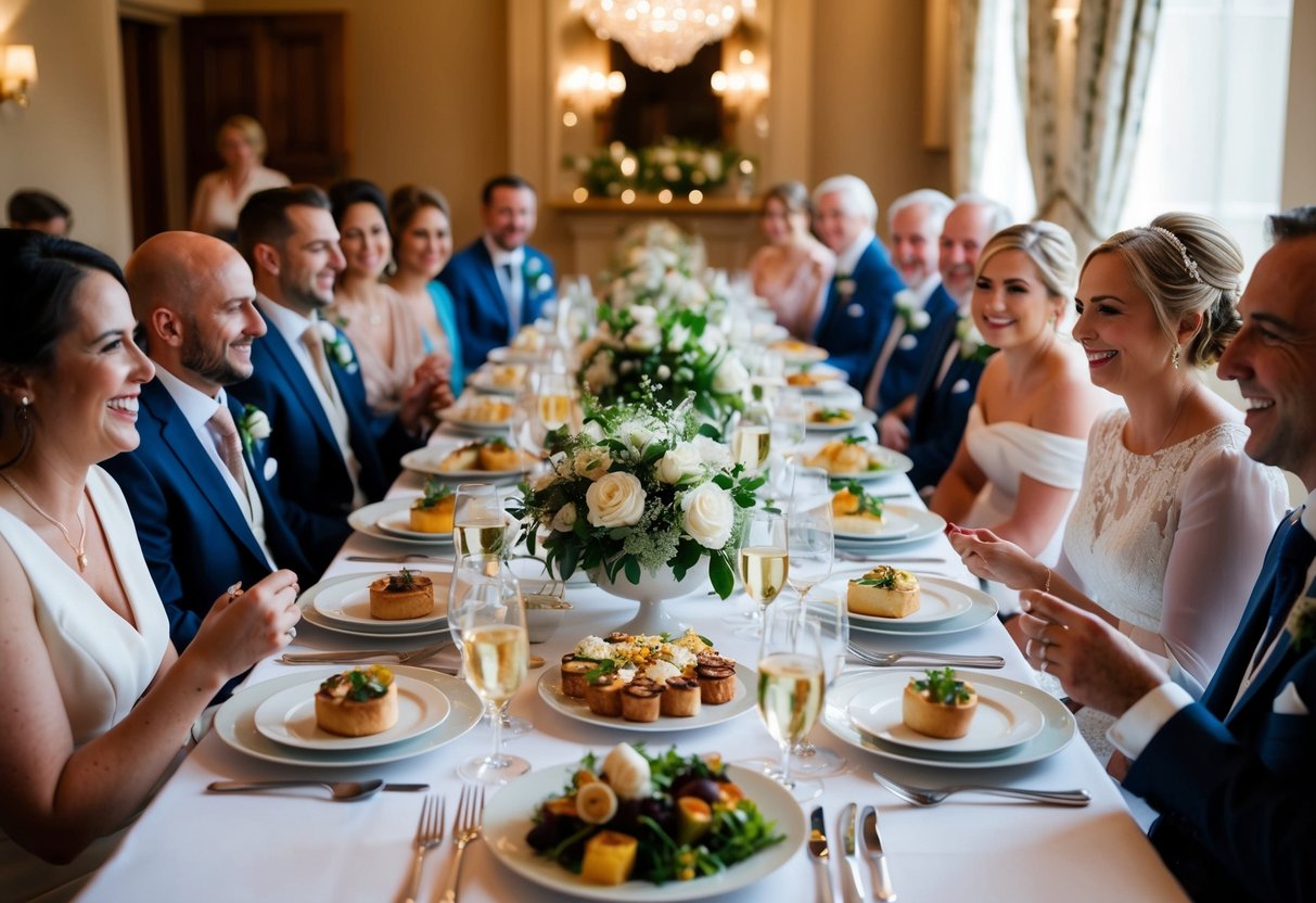 A beautifully set table with a variety of elegant dishes, surrounded by happy guests chatting and enjoying the wedding breakfast
