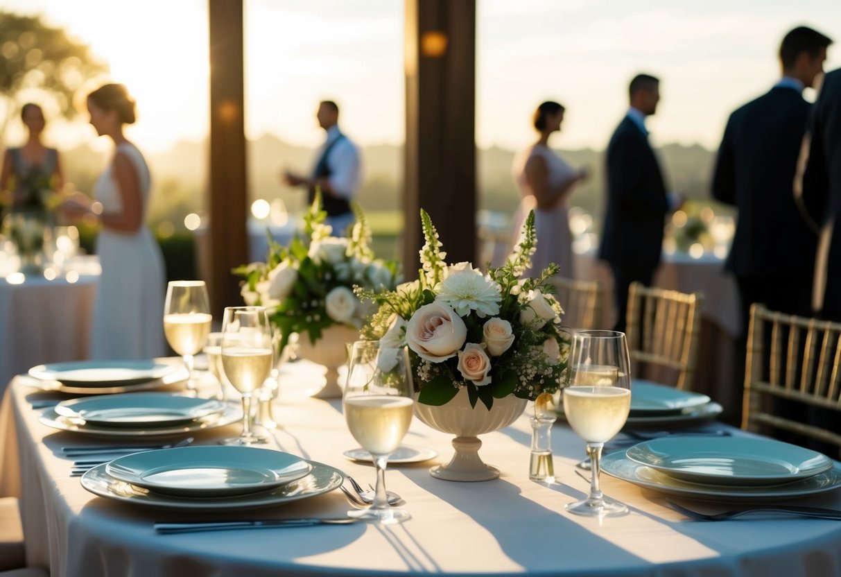 A table set with elegant dishes and flowers, bathed in soft morning light, awaits the arrival of guests for a wedding breakfast