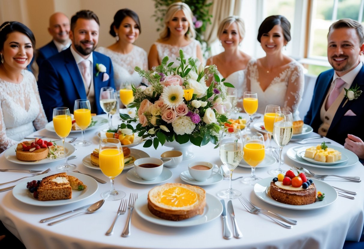 A beautifully set table with elegant place settings, fresh flowers, and a variety of delicious breakfast foods, surrounded by happy wedding guests