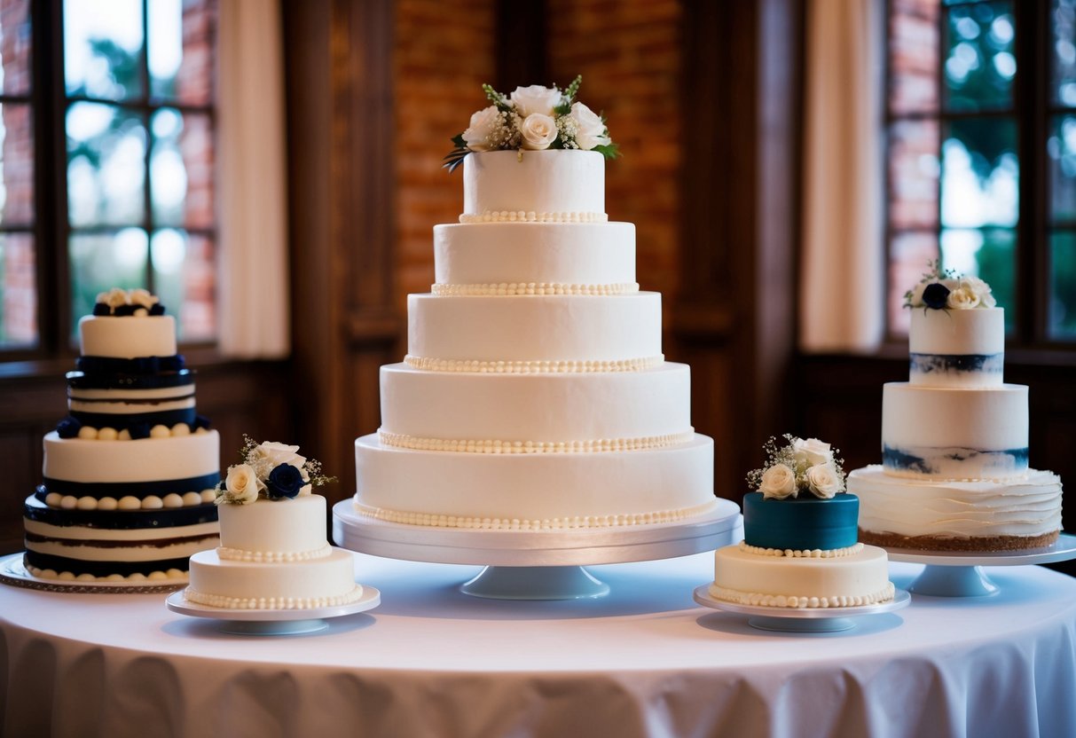A tiered wedding cake surrounded by smaller cakes of various sizes and designs