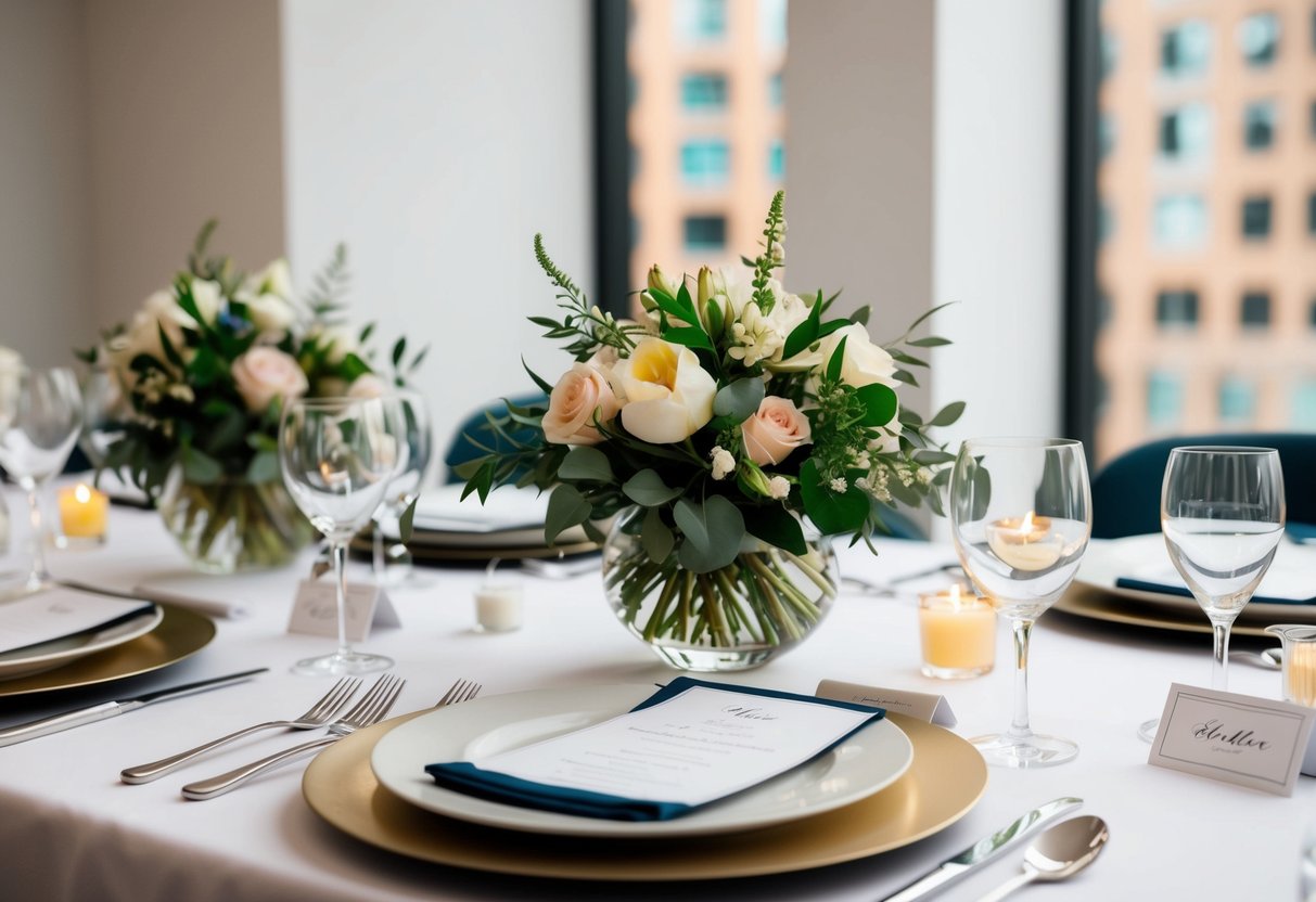 A modern wedding breakfast scene with sleek table settings, fresh floral centerpieces, and stylish place cards