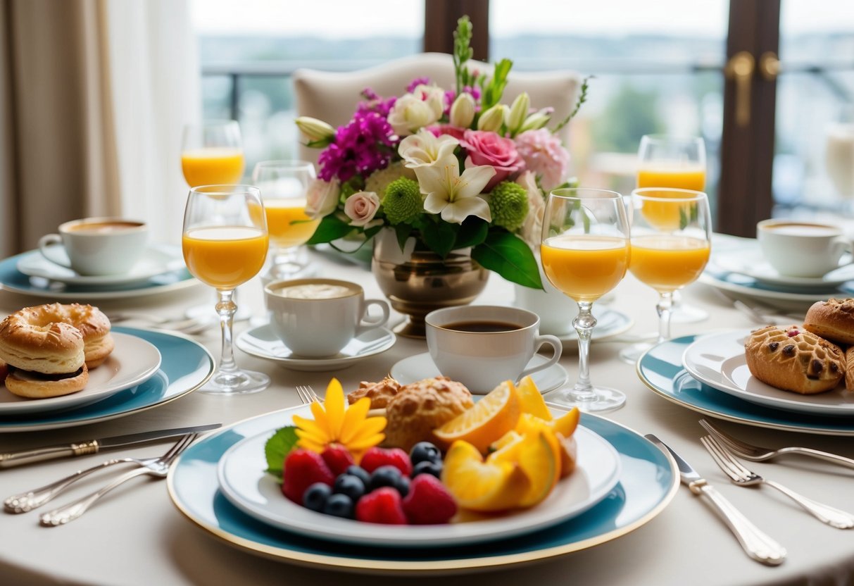 A beautifully set table with elegant place settings, adorned with fresh flowers and a variety of breakfast foods such as pastries, fruit, and coffee