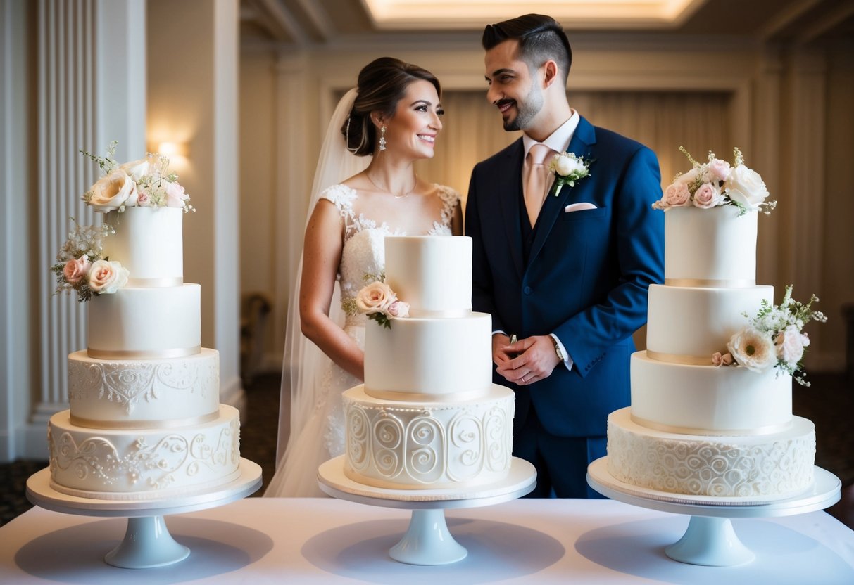 A bride and groom stand before a display of three elegant wedding cakes, each adorned with intricate designs and delicate flowers