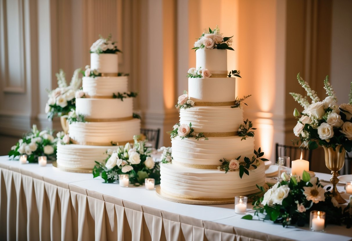 A table adorned with multiple tiers of elegantly decorated wedding cakes, surrounded by floral arrangements and soft candlelight