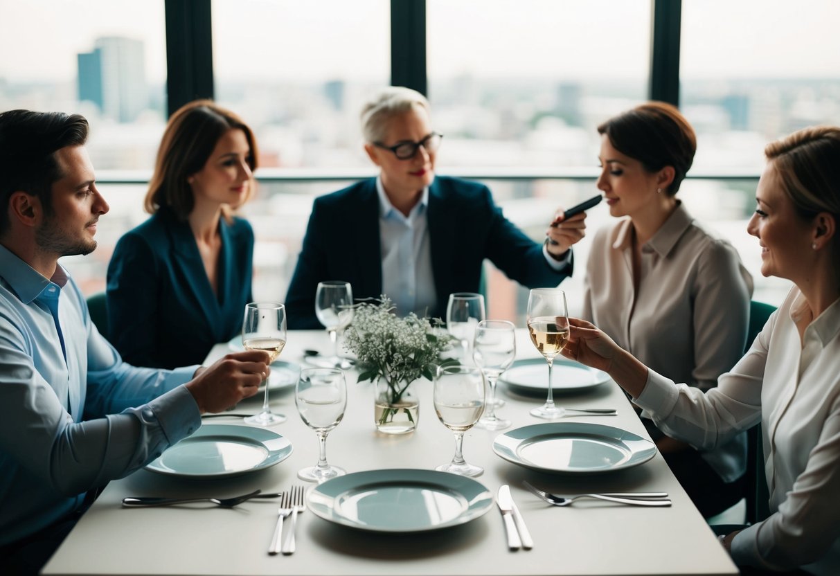 A group of people seated at a table with empty plates and glasses, while one person reaches for the bill