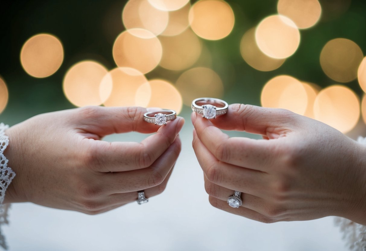 A pair of delicate hands exchanges two gleaming rings