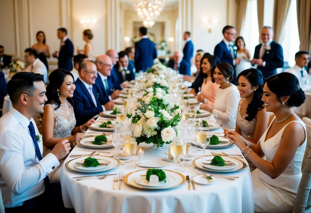 A table set with elegant place settings, surrounded by guests enjoying a lavish pre-wedding lunch