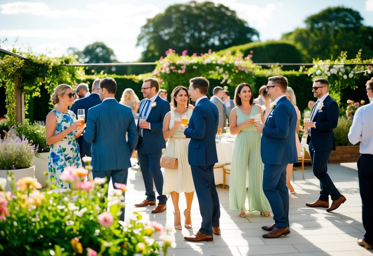 Guests mingle on a sunlit terrace, sipping drinks and chatting. Some wander through a lush garden, admiring the flowers and taking photos