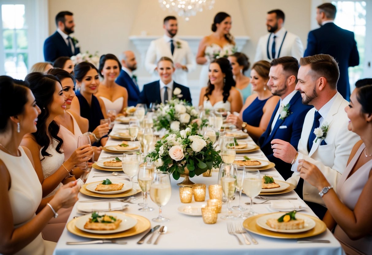 A table set with elegant place settings, surrounded by wedding party members and guests enjoying a catered lunch