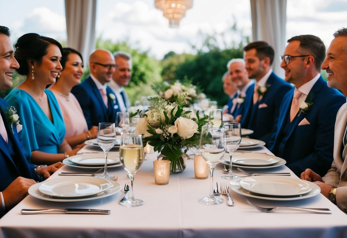 A table set with plates, glasses, and cutlery, surrounded by wedding guests enjoying a post-ceremony lunch