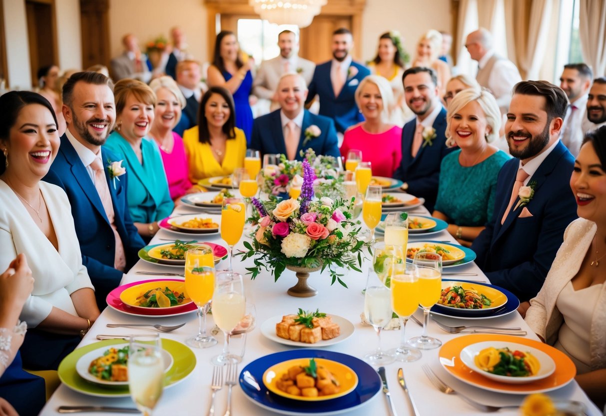 A table set with an array of colorful dishes and drinks, surrounded by joyful guests at a wedding celebration