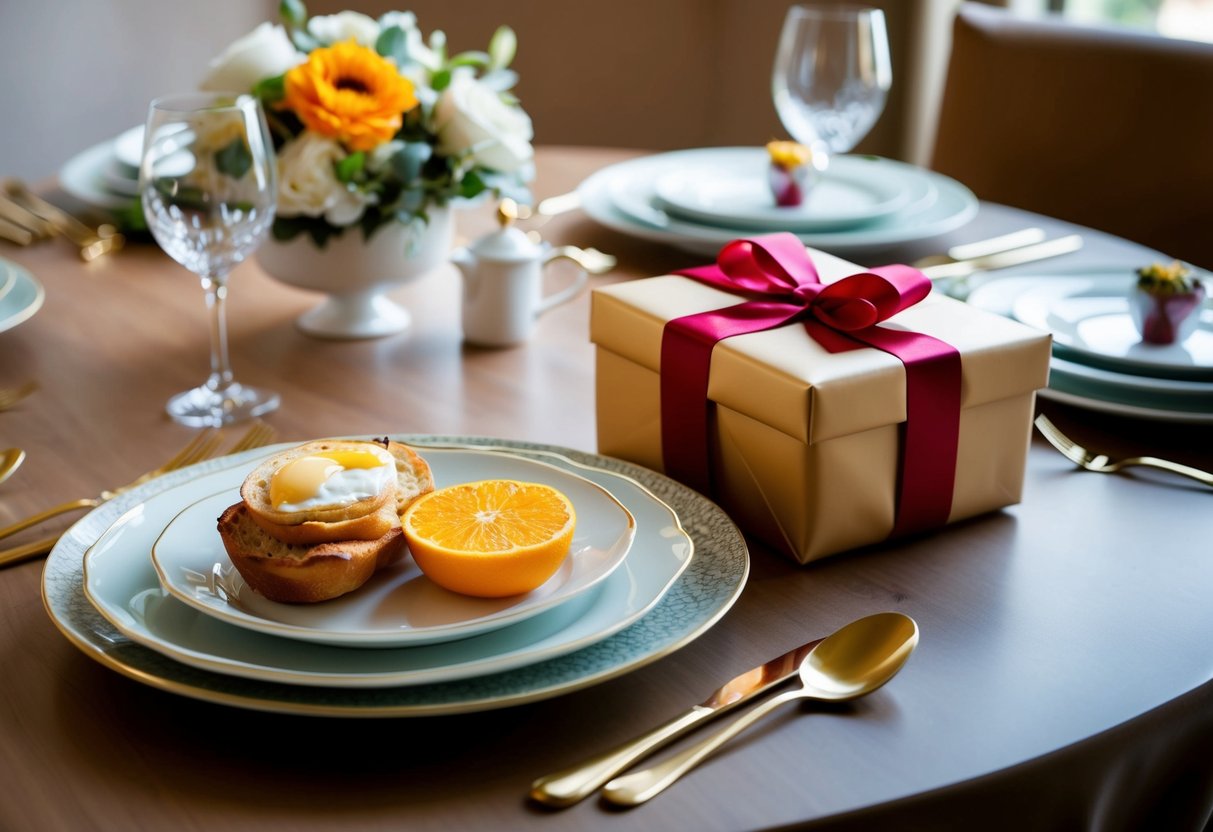 A table set with elegant brunch dishes and a beautifully wrapped gift placed next to a place setting