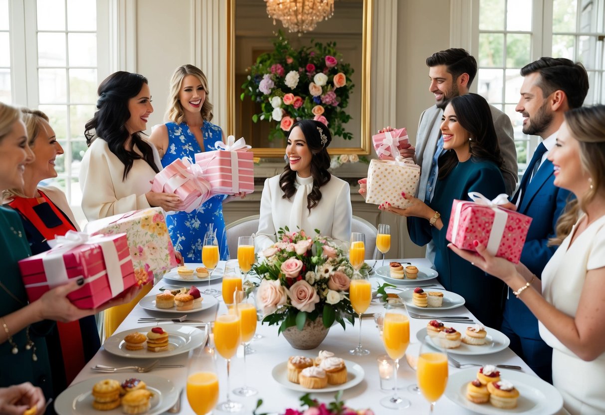 Guests holding wrapped gifts at a brunch table adorned with flowers and elegant tableware. A bride-to-be sits in the center, surrounded by friends, all enjoying mimosas and pastries