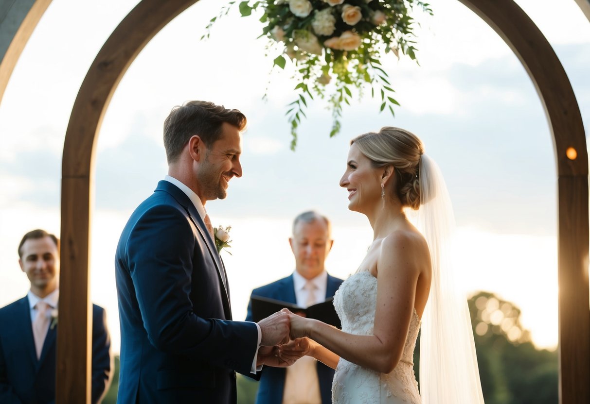 A couple exchanging vows under a sunlit archway on a Wednesday
