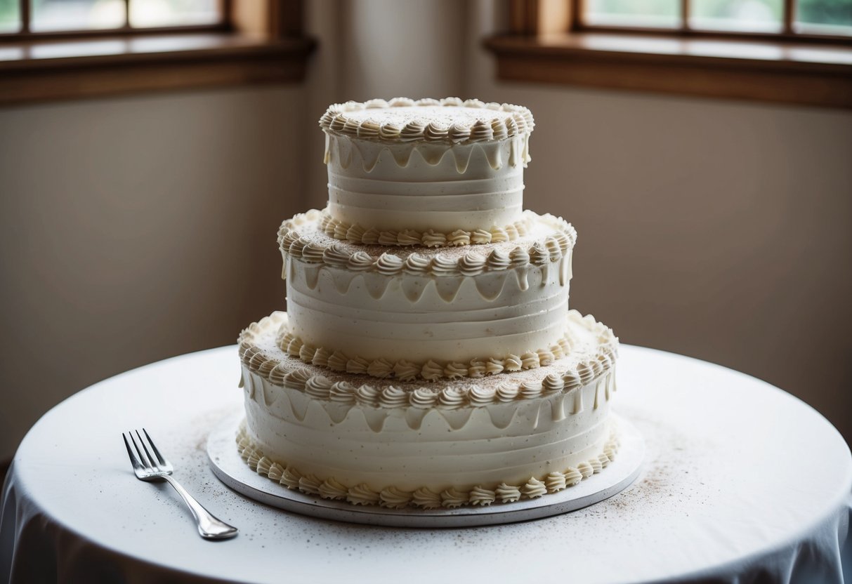 A wedding cake sits untouched on a table, covered in intricate frosting designs. Dust gathers on the delicate layers as time passes