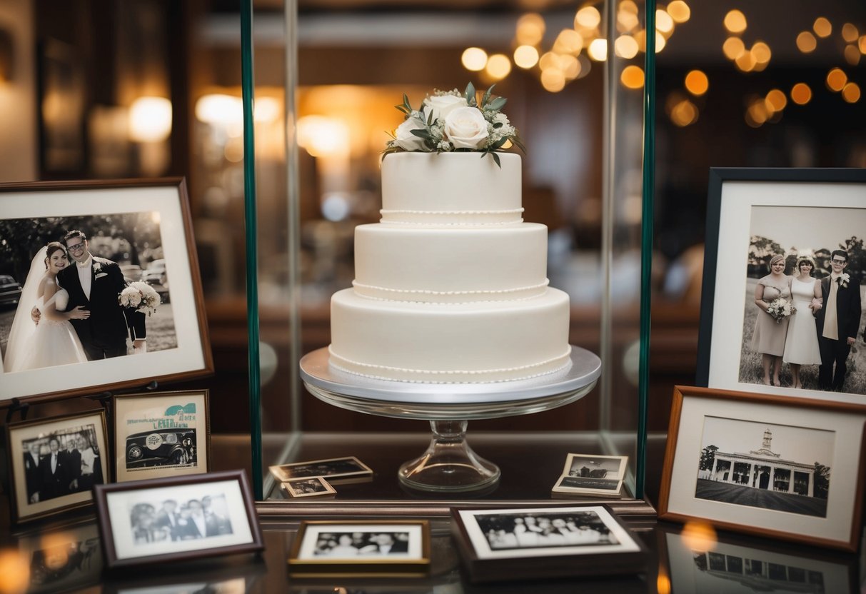 A wedding cake stored in a glass display case, surrounded by vintage photographs and memorabilia