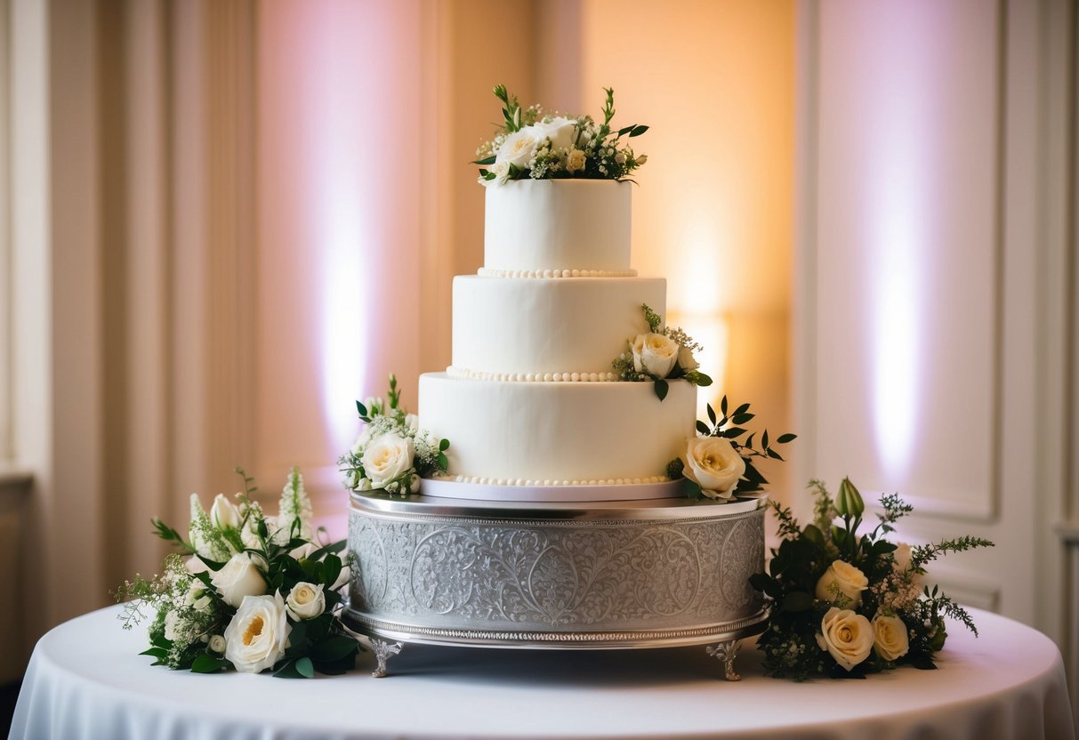 A wedding cake displayed on a decorative stand, surrounded by elegant floral arrangements and soft lighting