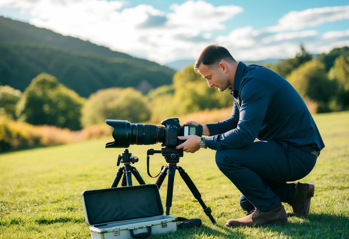 A wedding photographer setting up their camera and equipment in a scenic outdoor location