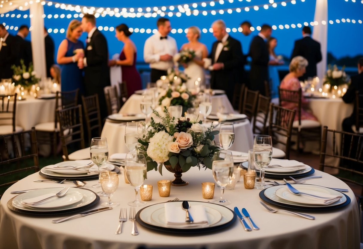 Tables set with elegant dishes and utensils, surrounded by twinkling lights and floral centerpieces. Guests gather around, enjoying the evening buffet at a wedding