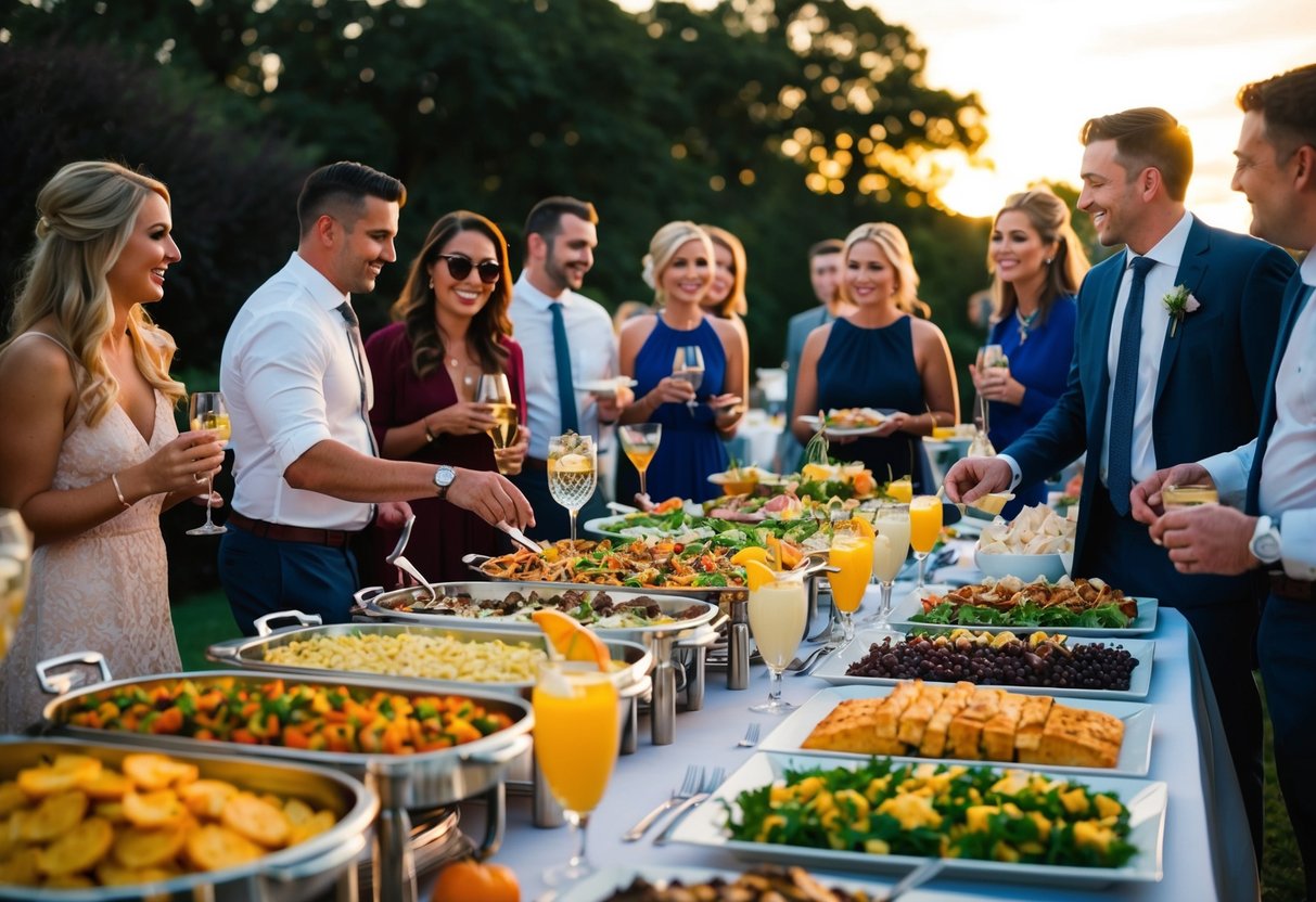 Guests gather around a beautifully decorated buffet table in the evening, filled with an array of delicious food and drinks. The soft glow of the setting sun creates a warm and inviting atmosphere