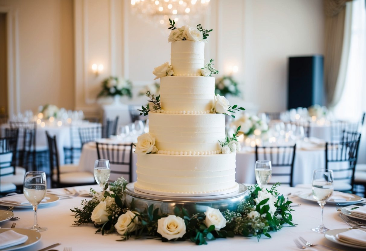 A tiered wedding cake with 3 layers, decorated with white icing and floral accents, surrounded by elegant table settings for 80 guests