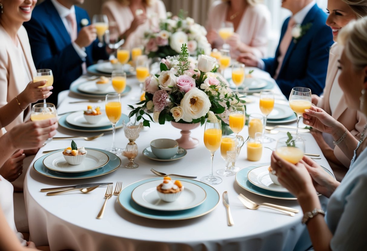 A table set with elegant place settings, adorned with flowers and delicate tableware, surrounded by chattering guests enjoying mimosas and dainty pastries