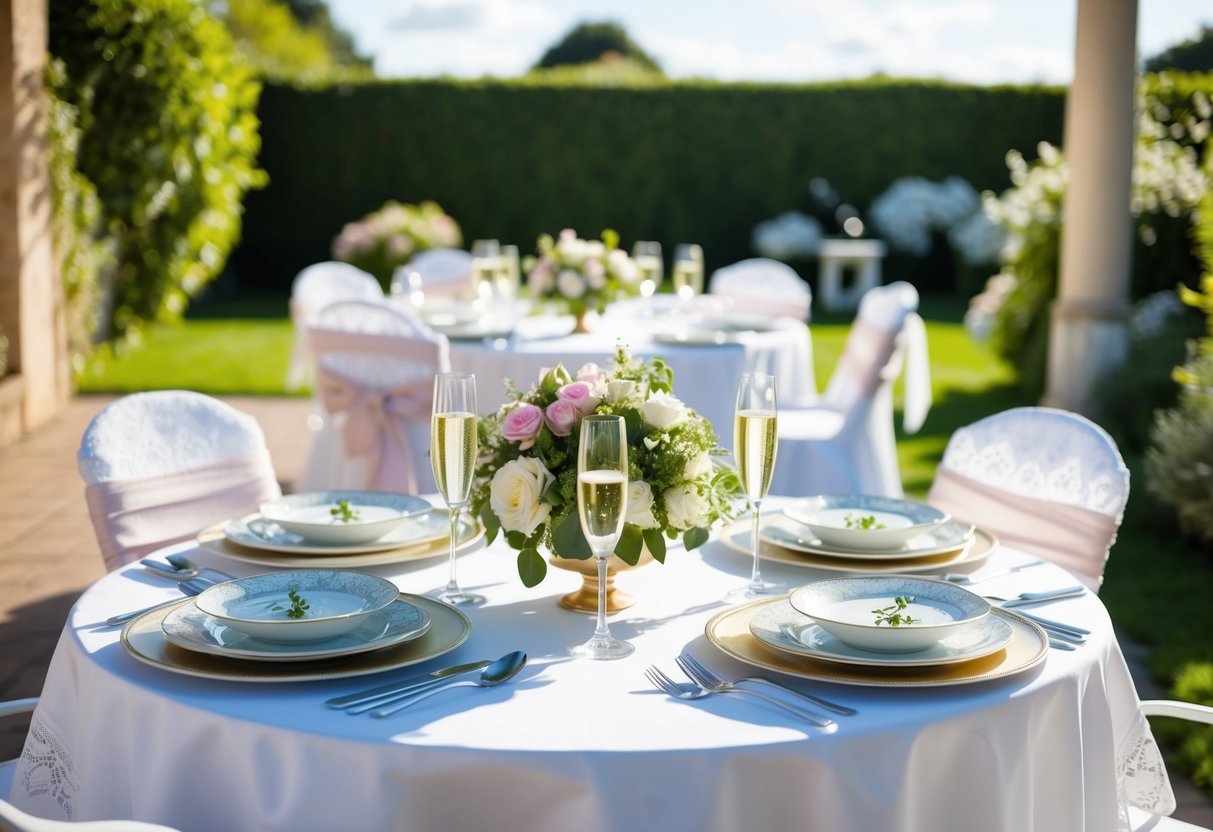 A table set with elegant dishes, fresh flowers, and champagne flutes. A sunny garden patio with white tablecloths and delicate lace accents