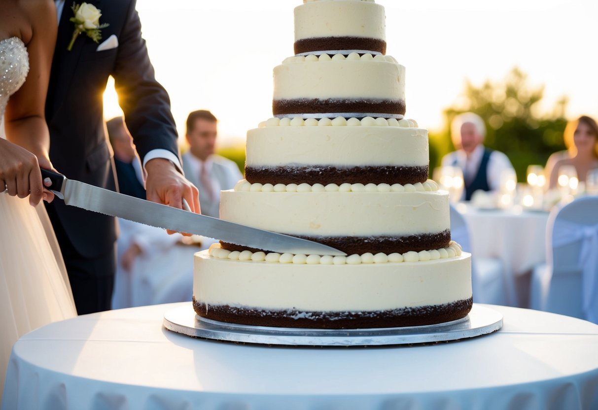 A tiered wedding cake being cut into slices for 80 guests
