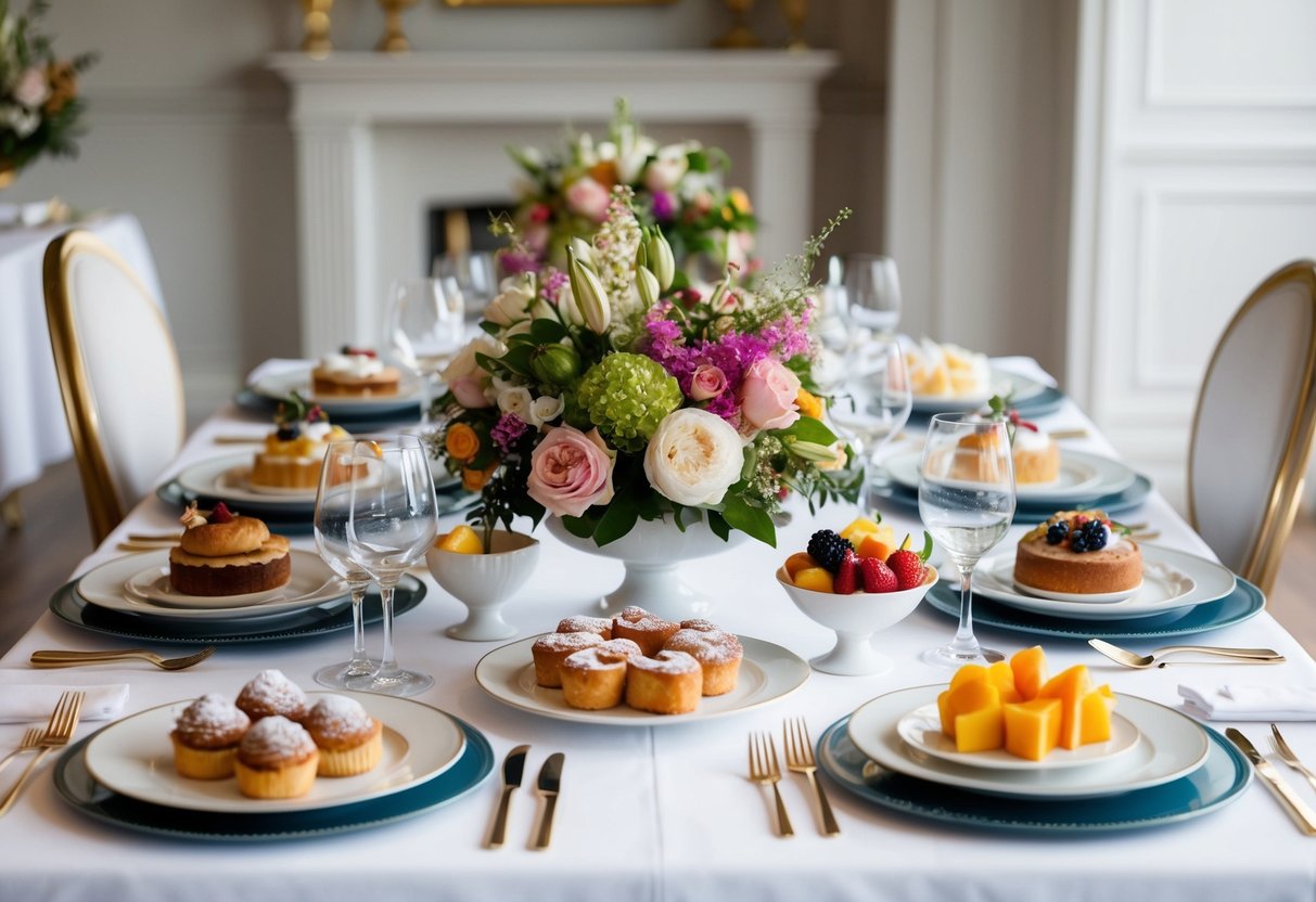 A table set with elegant tableware and floral centerpieces, featuring a variety of pastries, fruit, and gourmet dishes