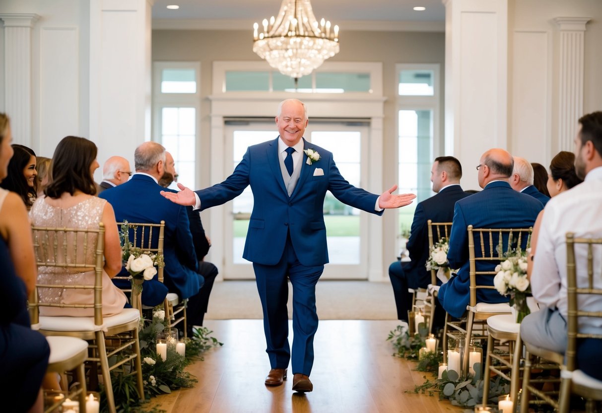 The father of the groom stands at the entrance of the reception hall, welcoming guests and directing them to their seats