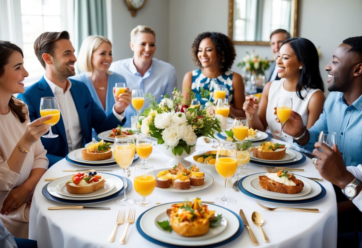 A table set with elegant place settings and a variety of brunch foods, surrounded by cheerful guests chatting and enjoying each other's company
