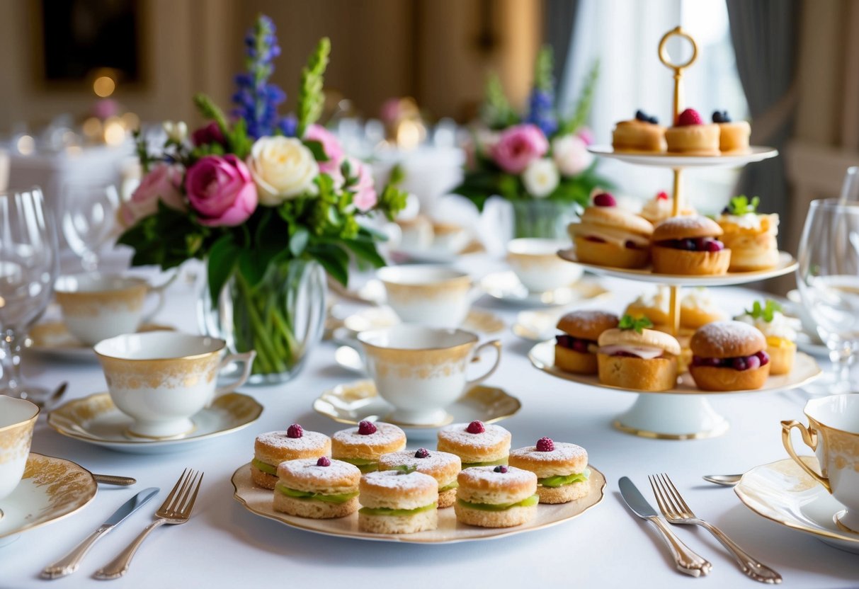 A table set with elegant place settings, floral centerpieces, and delicate china teacups. A spread of pastries and finger sandwiches displayed on tiered trays