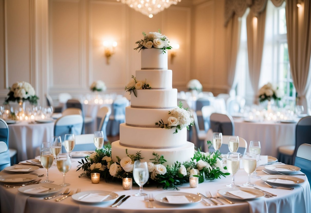 A beautifully decorated wedding cake surrounded by elegant table settings for 80 guests