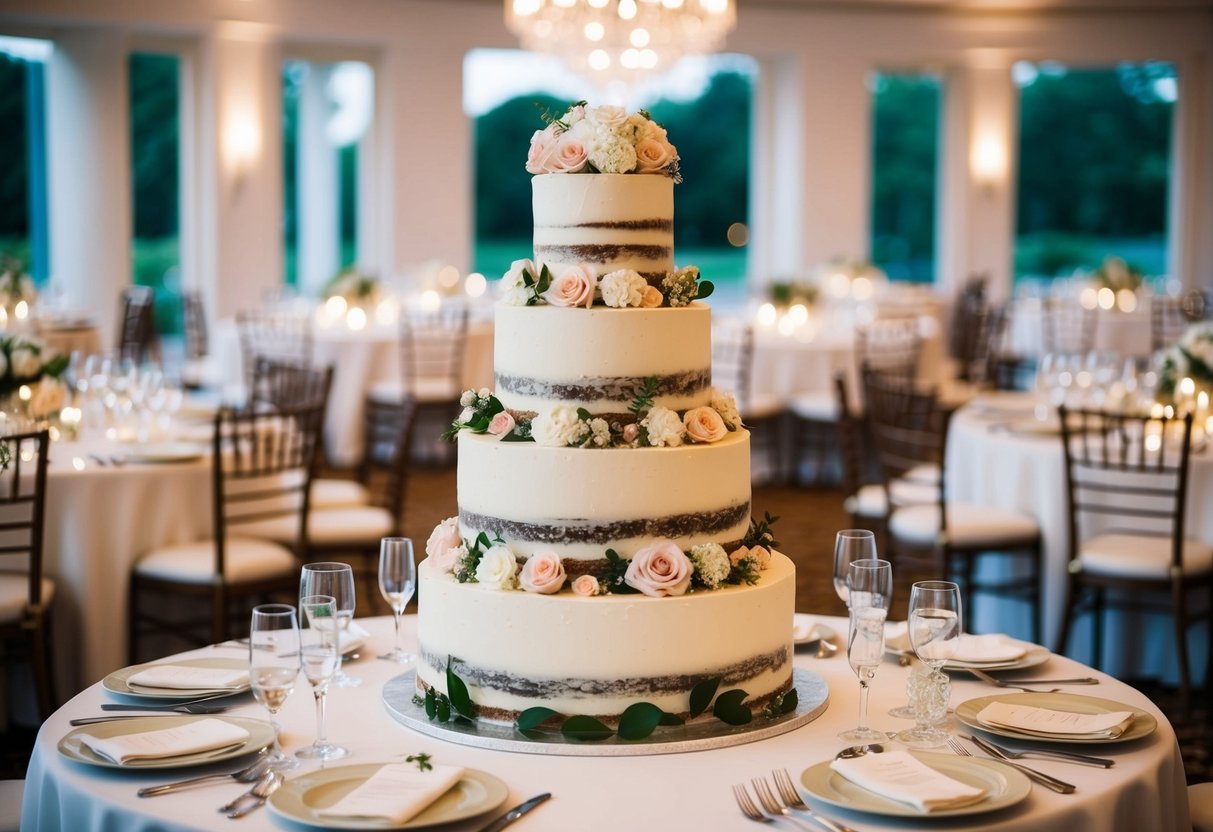 A tiered wedding cake with intricate floral decorations, surrounded by elegant table settings for 100 guests