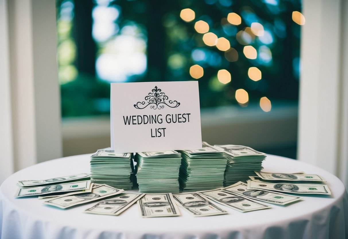 A table with a wedding guest list and a stack of envelopes filled with money