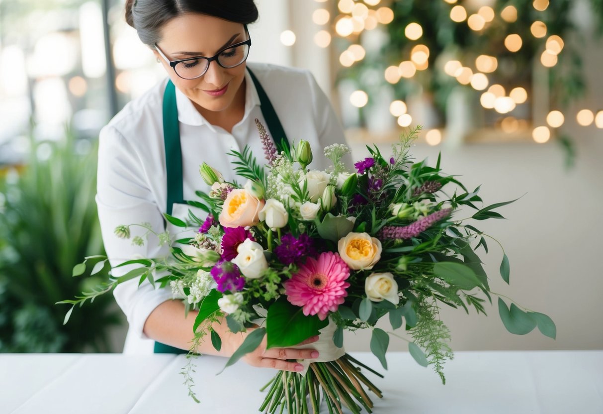 A florist carefully arranges a bridal bouquet, selecting vibrant blooms and delicate greenery