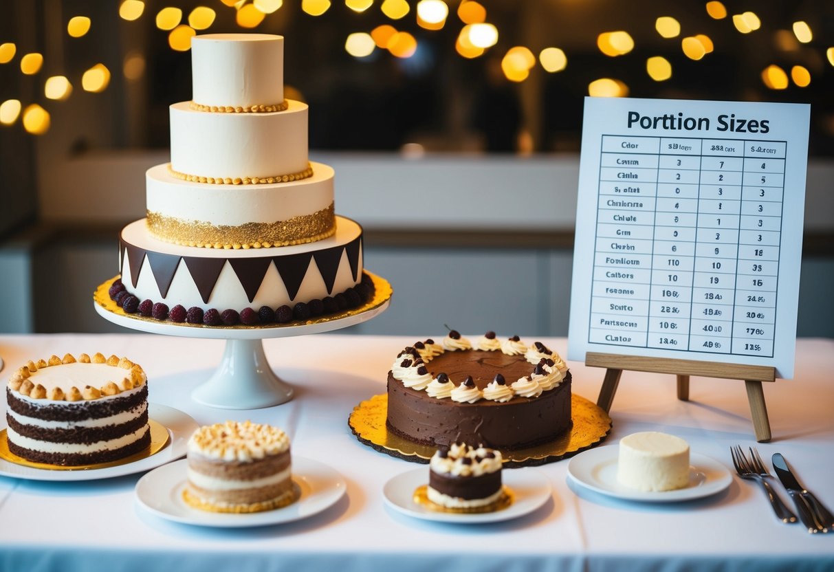 A table with various cake designs and flavors, alongside a chart or diagram showing the portion sizes for different numbers of guests