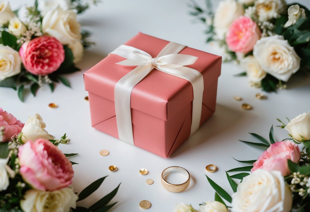 A beautifully wrapped gift box surrounded by elegant wedding decor and flowers