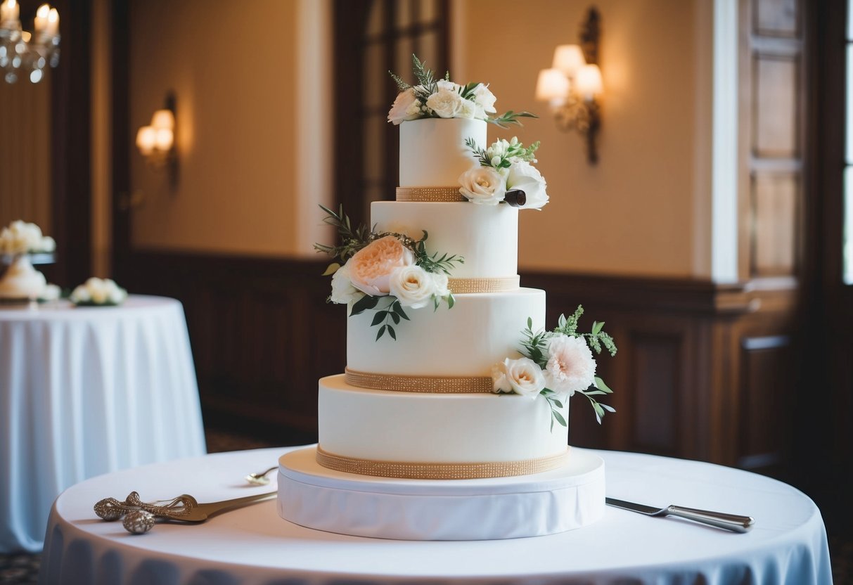 A tiered wedding cake with 3 layers, adorned with flowers and elegant decorations, displayed on a table with a cake cutting set