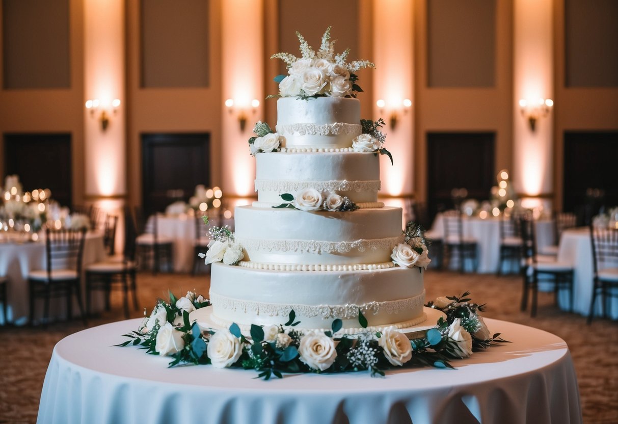 A large wedding cake with multiple tiers, adorned with intricate decorations and floral accents, displayed on a grand table at a wedding reception