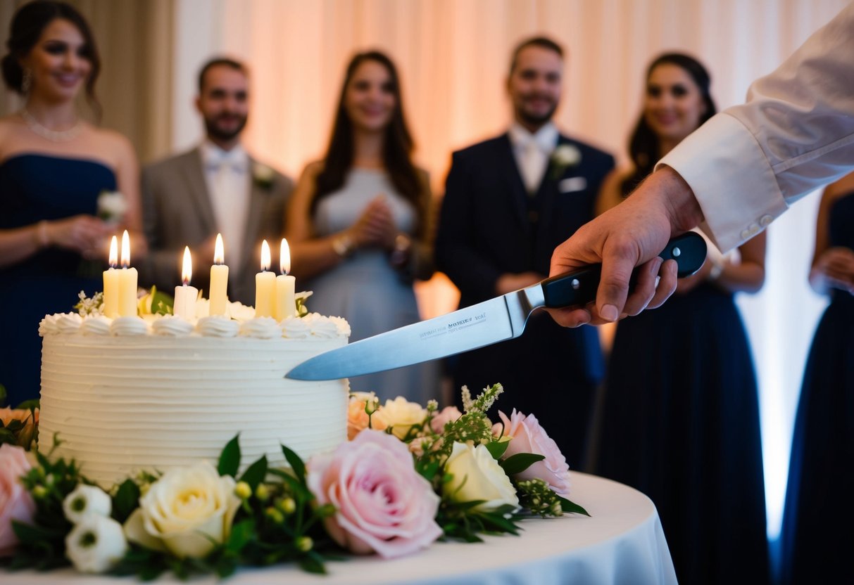 A cake sits on a table, surrounded by flowers and candles. A knife hovers over the cake, poised to cut, while guests watch in anticipation