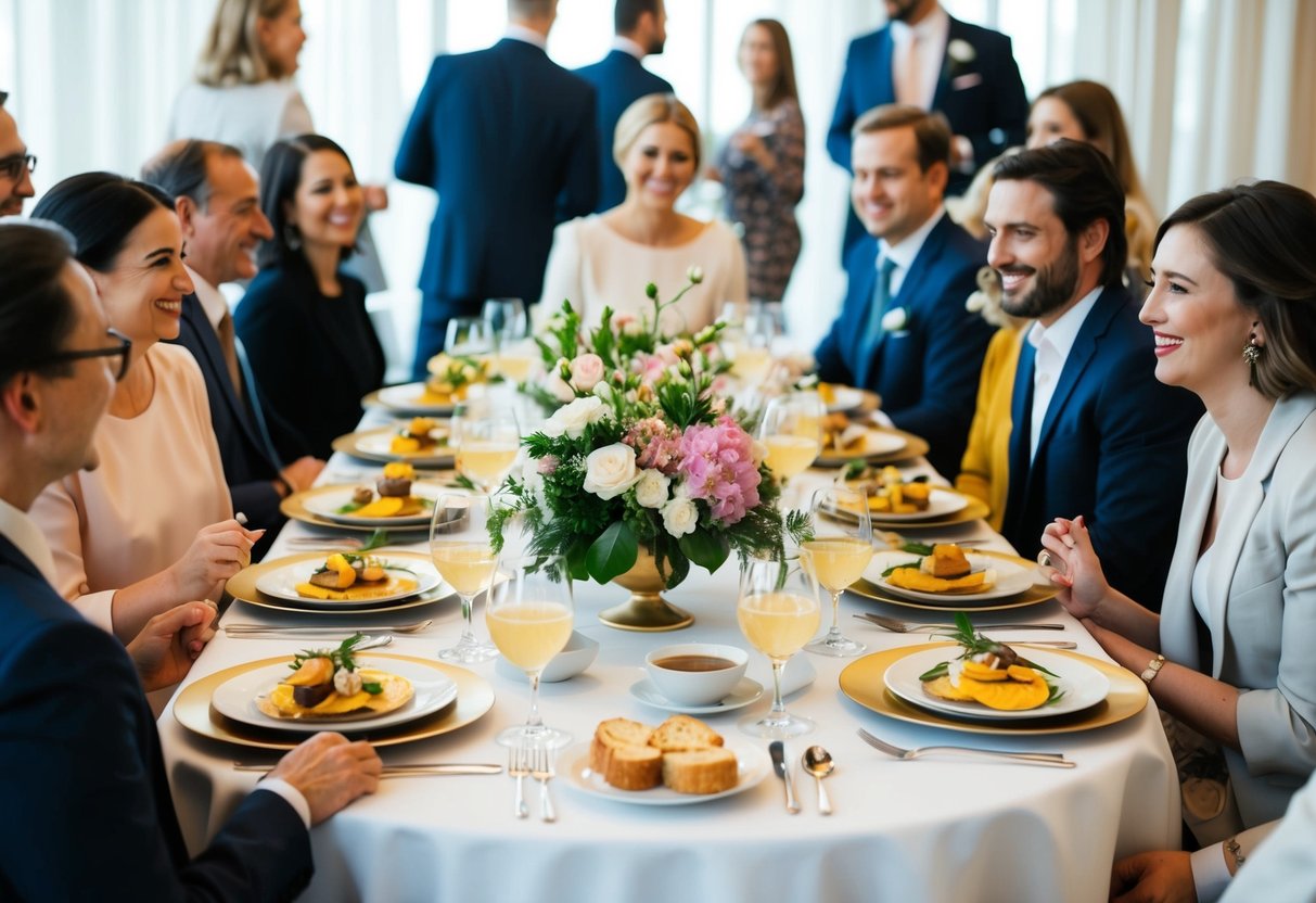 A table set with elegant brunch dishes and floral centerpieces, surrounded by happy guests mingling and chatting