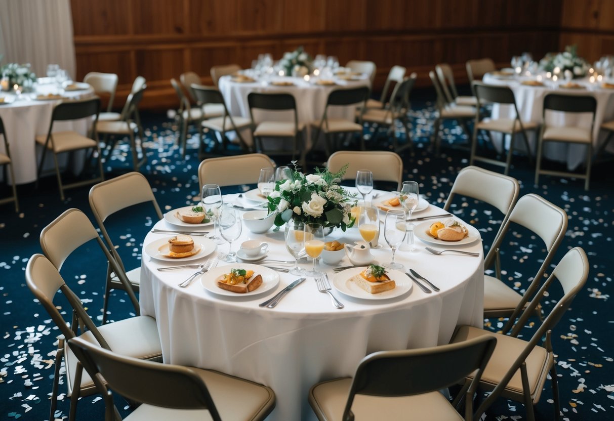 A table set with leftover wedding brunch items, surrounded by empty chairs and scattered confetti