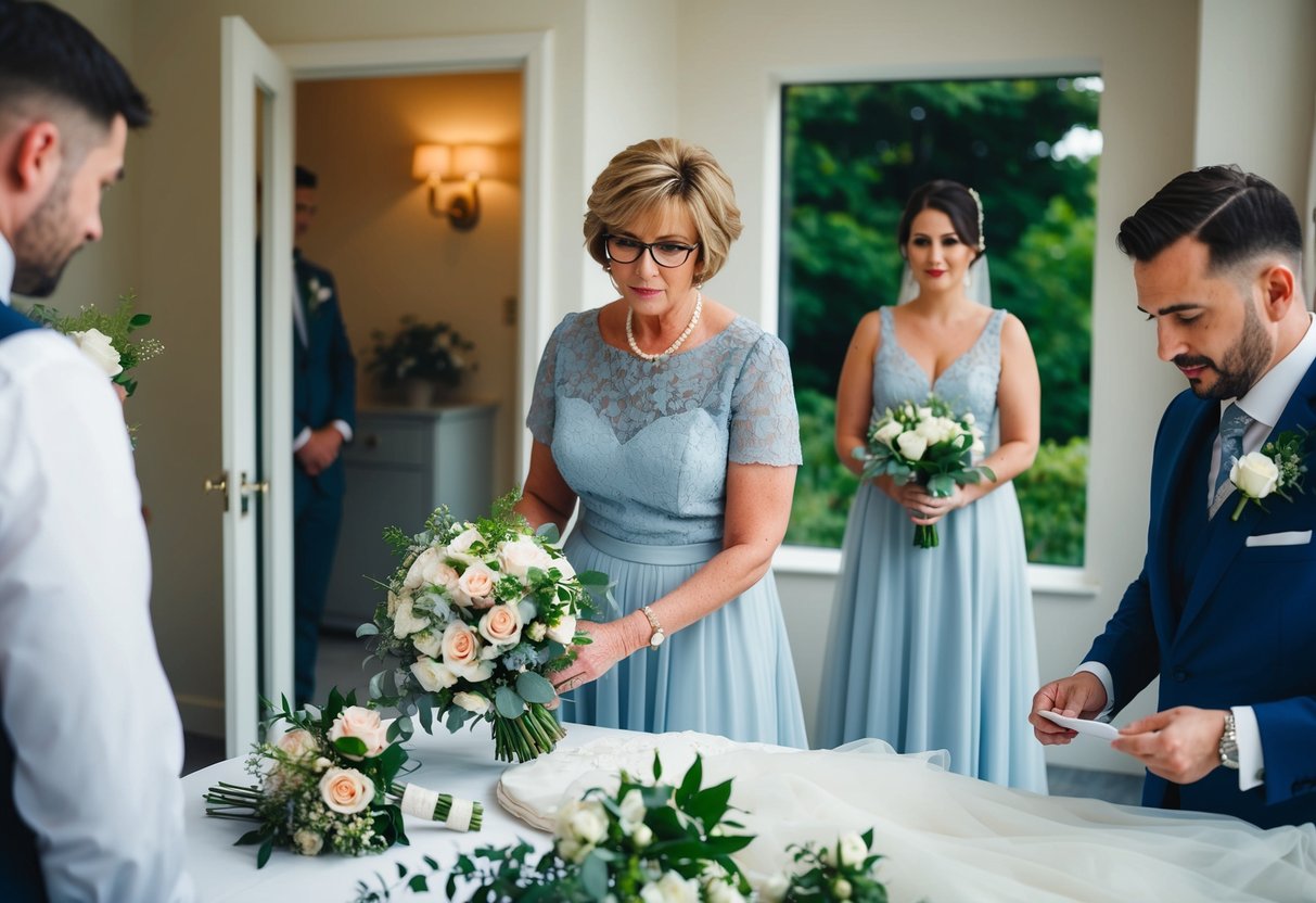 The mother of the groom carefully arranges a bouquet of flowers, lays out the wedding dress, and checks on the preparations for the ceremony