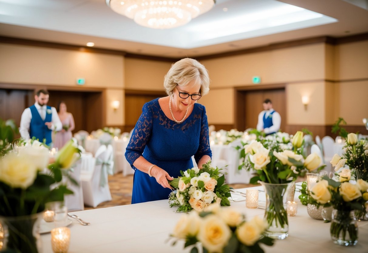 The mother of the groom arranges flowers and decorates the reception hall on the morning of the wedding, creating a warm and inviting atmosphere for the celebration