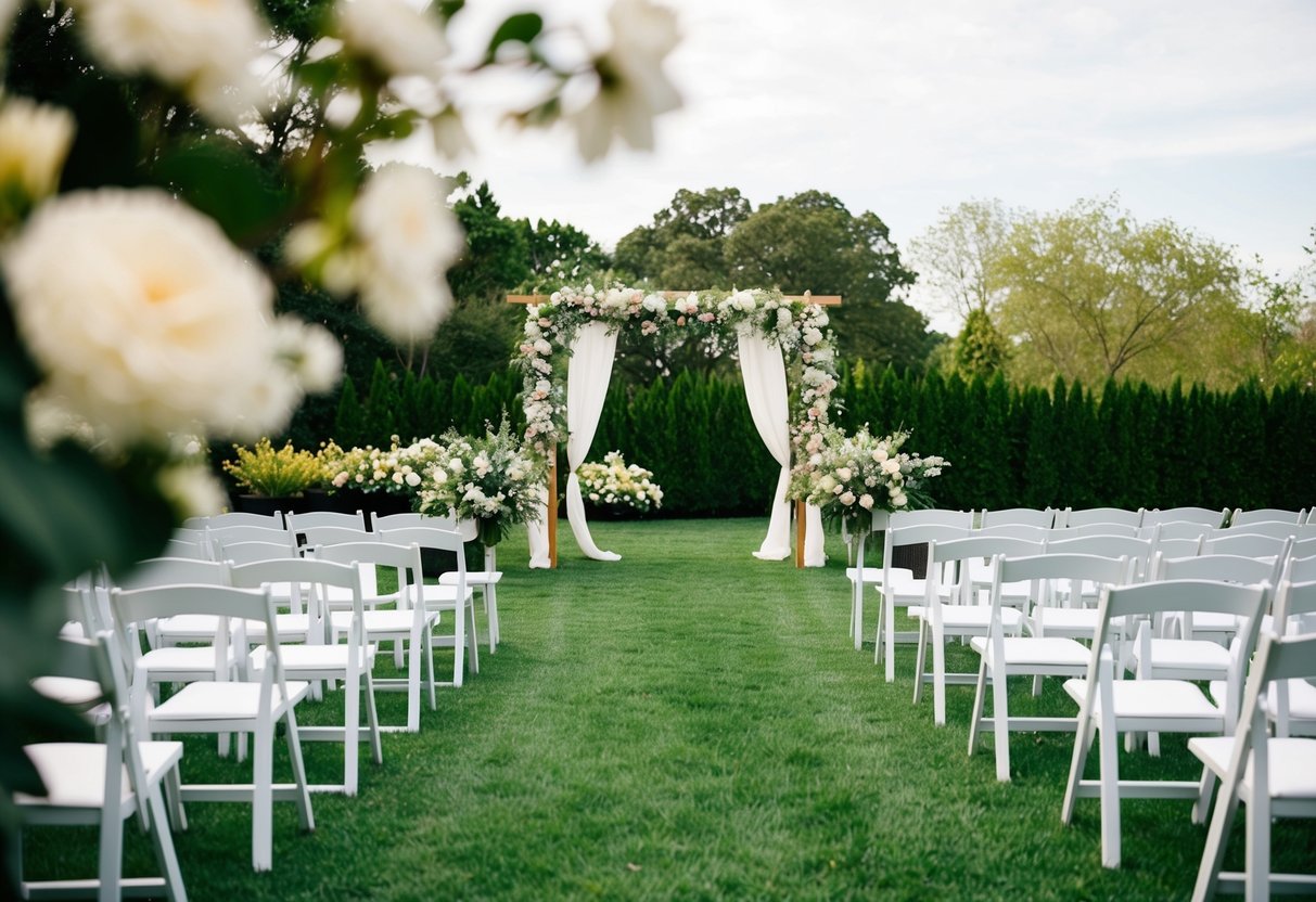 A serene outdoor wedding venue with blooming flowers, a decorated arch, and rows of chairs set up for guests