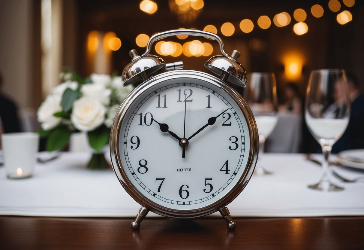 A clock showing three hours passing with a wedding setting in the background