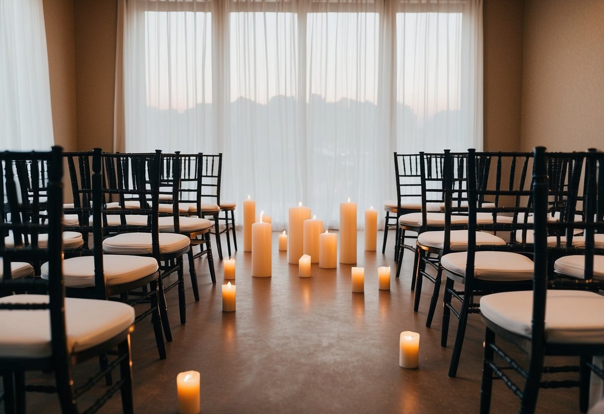 An empty wedding venue with unlit candles and vacant chairs